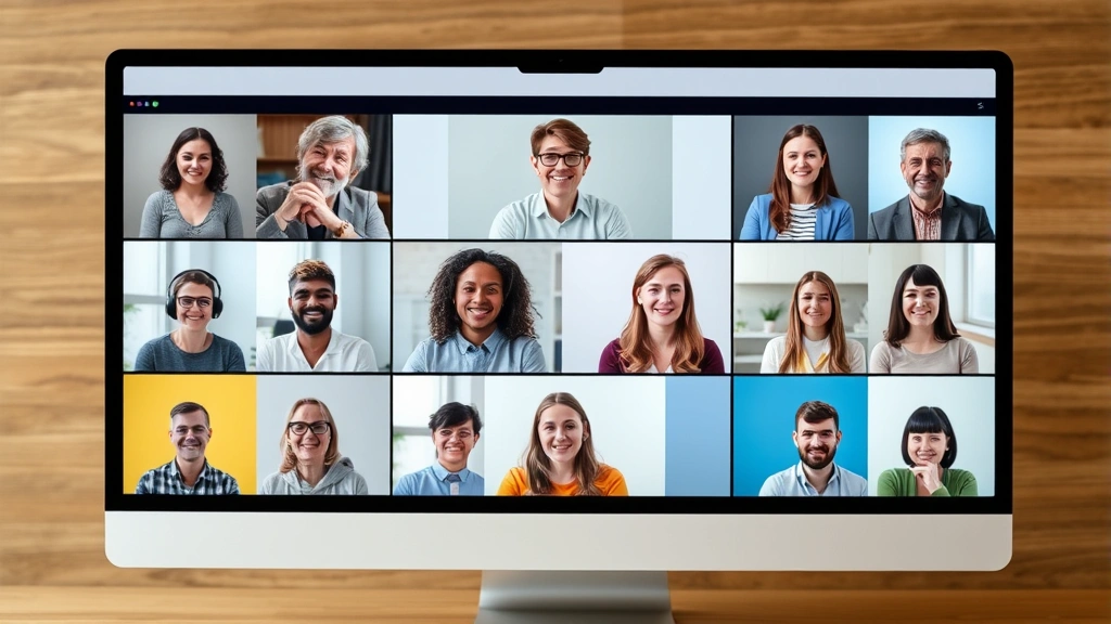 Diverse group of people in separate video call tiles on a computer screen representing online group therapy session, modern interface design, showing connection and community support across distances