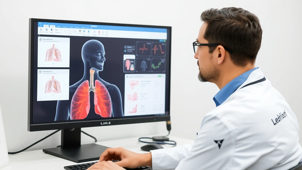 Healthcare professional reviewing digital simulation software on computer monitor showing respiratory physiology concepts, interactive learning interface with anatomical diagrams and patient data