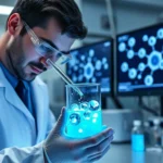 Laboratory technician in white coat examining ozone gas molecules in a beaker with blue-glowing oxidative reactions, modern medical laboratory setting with advanced equipment and monitors displaying molecular structures