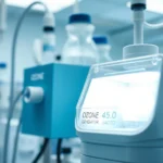 Close-up of medical laboratory equipment with ozone generator technology, clinical setting, blue and white tones, professional medical atmosphere, photorealistic detail