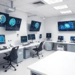 Photorealistic image of a modern neuroscience laboratory with brain imaging equipment, neural network visualizations on displays, and scientific instruments on white surfaces, no text visible