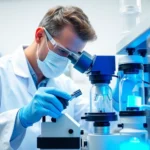 Medical laboratory scientist examining ozone gas equipment with precision instruments, clinical setting with blue and white tones, showing professional medical technology and analysis