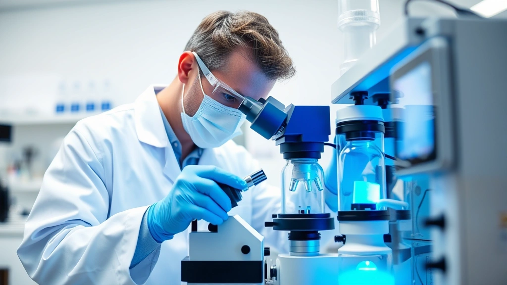 Medical laboratory scientist examining ozone gas equipment with precision instruments, clinical setting with blue and white tones, showing professional medical technology and analysis