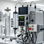 Photorealistic laboratory equipment showing ozone therapy apparatus with medical-grade gas delivery systems, clinical setting, professional medical environment, no text or labels visible