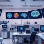 Photorealistic image of a modern neuroscience laboratory with brain imaging equipment, neural networks visualization on screens, and scientific research setup, representing evidence-based mental health research