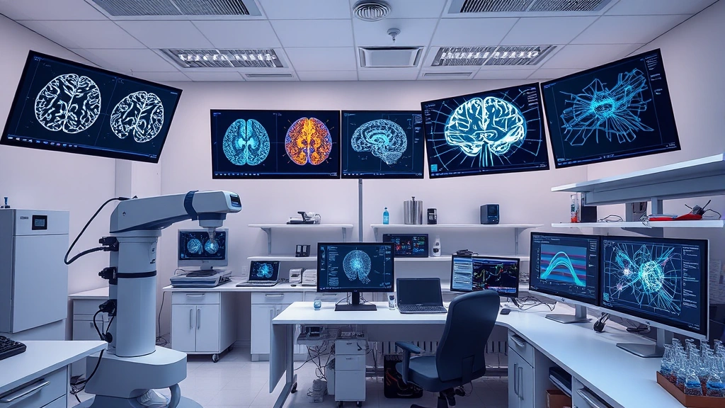 Photorealistic image of a modern neuroscience laboratory with brain imaging equipment, neural networks visualization on screens, and scientific research setup, representing evidence-based mental health research
