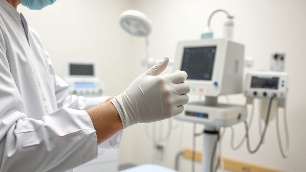 Medical professional in sterile gloves performing blood draw procedure in a clinical environment, with autohemotherapy equipment visible in background, modern healthcare facility with professional medical instruments
