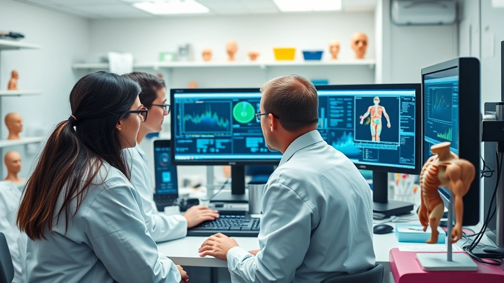 Photorealistic photograph of a clinical research environment with medical professionals reviewing data on computer monitors, anatomical models visible, sterile laboratory setting, no visible text