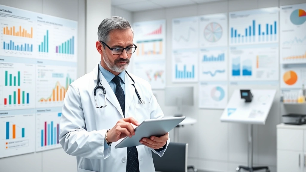 Doctor reviewing medical research data on tablet device in modern clinic, surrounded by scientific charts and evidence-based medicine documents, professional healthcare environment
