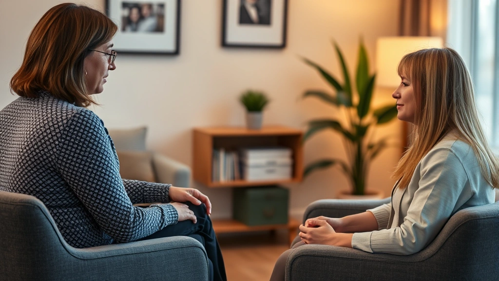Photorealistic image of a person in a therapy session with a professional counselor, warm lighting, comfortable office environment, representing evidence-based mental health treatment