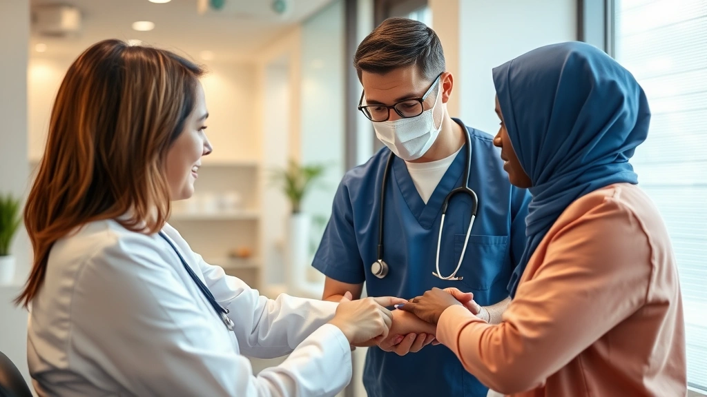 Healthcare professional examining patient's arm during medical consultation, modern clinic environment, warm lighting, professional medical care demonstration