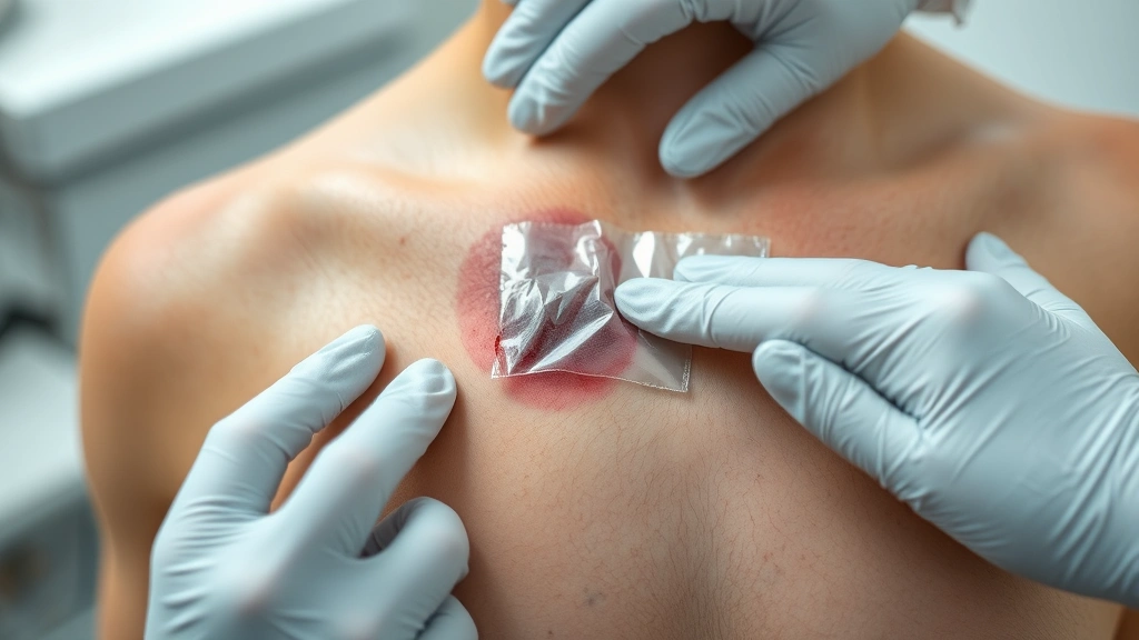 Chronic wound on human skin during medical examination with healthcare provider applying transparent wound dressing, clinical lighting showing tissue detail, professional medical documentation visible on clipboard