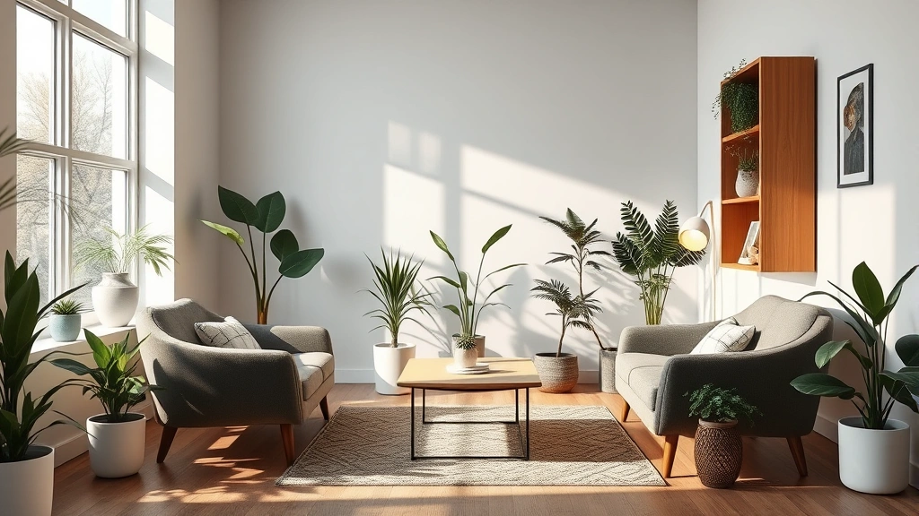 Photorealistic image of a therapist's office with comfortable seating, calming natural light from windows, plants and wellness elements, emphasizing evidence-based mental health care environment, no text