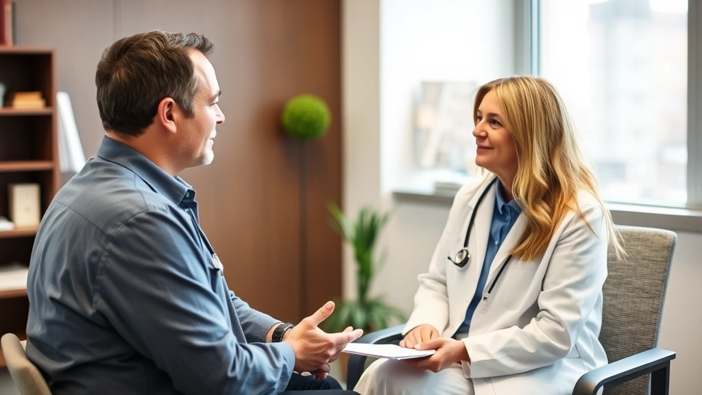 Patient consultation with healthcare provider discussing treatment options, showing shared decision-making and evidence discussion in contemporary medical office setting