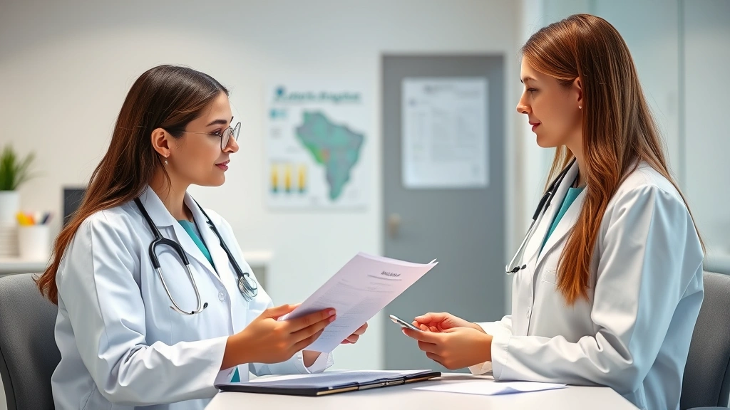 Photorealistic image of medical professional in clinic setting reviewing patient records and treatment protocols, evidence-based medicine consultation, professional healthcare environment, no documents with readable text