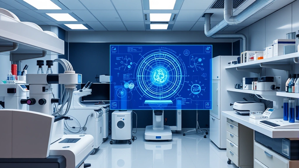 Advanced medical research laboratory with scientific equipment and blue holographic data visualization, cutting-edge healthcare technology, professional scientific setting