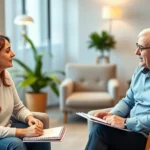 A professional therapist and parent having a supportive conversation in a modern office setting with comfortable seating, warm lighting, and notebooks visible, showing active listening and collaboration