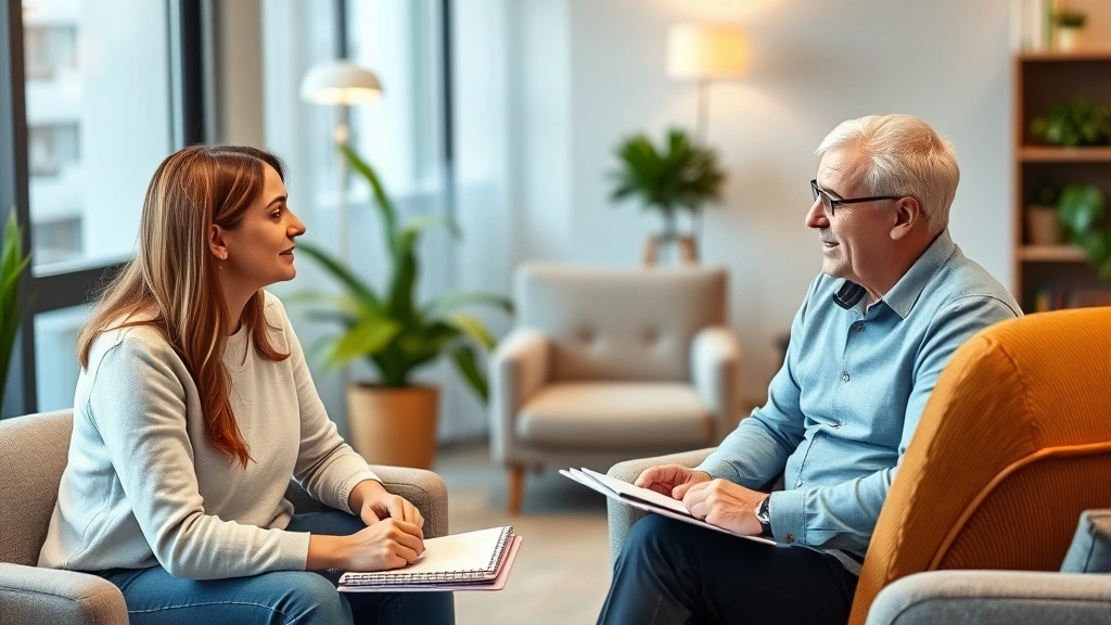 A professional therapist and parent having a supportive conversation in a modern office setting with comfortable seating, warm lighting, and notebooks visible, showing active listening and collaboration