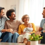 A diverse family of four sitting together on a comfortable couch in a bright living room, smiling and engaged in conversation, warm natural lighting, photorealistic