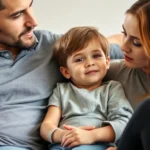 Close-up of a parent and child sitting together on a couch having a calm, attentive conversation with warm natural lighting, showing genuine connection and listening, realistic family therapy setting