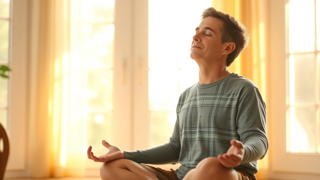 A parent sitting peacefully in a sunlit room, eyes closed in meditation, with soft golden light streaming through windows, representing mental wellness and stress relief through mindfulness practices