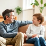 A parent and child sitting together on a couch having a warm, engaged conversation in a bright living room, both smiling and making eye contact, natural lighting from windows