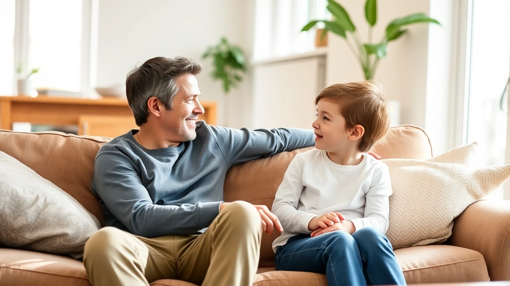 A parent and child sitting together on a couch having a warm, engaged conversation in a bright living room, both smiling and making eye contact, natural lighting from windows