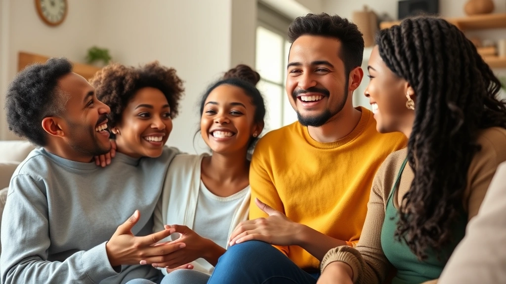 A diverse family laughing together during a positive interaction at home, showing improved communication and emotional connection, warm and natural lighting, genuine expressions