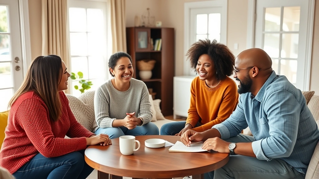 A diverse family of four sitting in a circle during a family meeting, smiling and engaged in positive discussion around a coffee table, natural daylight from windows, peaceful home environment