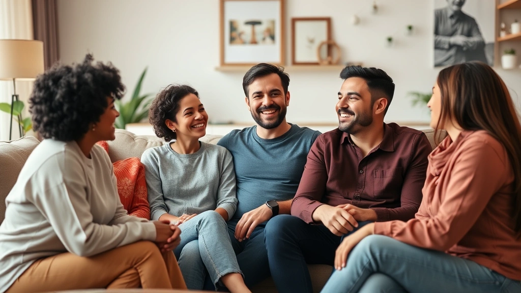 A diverse family sitting together in a comfortable living room having a conversation, smiling and engaged with each other, demonstrating healthy communication and emotional connection
