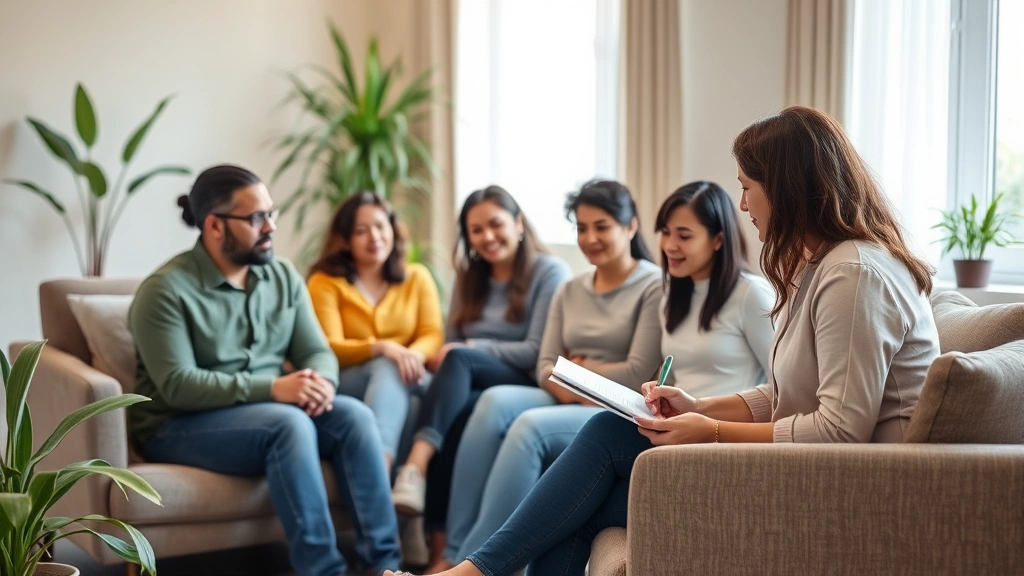 A licensed therapist taking notes during a family session, diverse family in comfortable seating, warm office environment with plants and soft lighting, professional but welcoming atmosphere