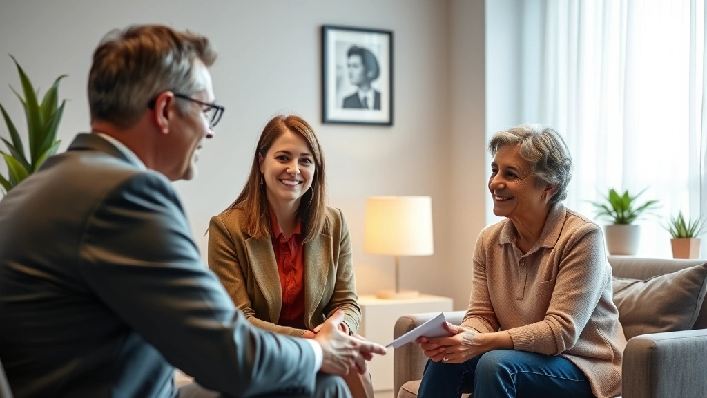 A licensed therapist and parent having a professional consultation in a calm, modern office with soft lighting and comfortable furniture, both focused and positive, photorealistic