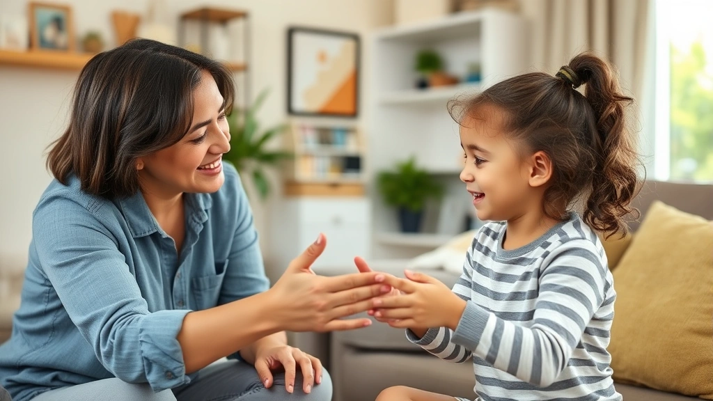A parent implementing a behavior strategy with a child in a home setting, showing positive reinforcement techniques, encouraging and supportive atmosphere, natural family environment