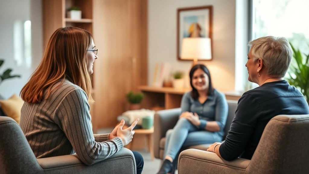 A parent coaching session showing a therapist gesturing thoughtfully while speaking with parents, modern therapy office with comfortable seating, professional yet warm atmosphere, focus on communication