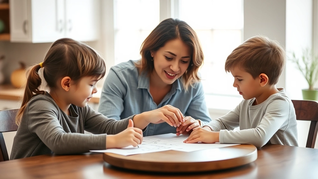 A parent confidently guiding a child through a problem-solving conversation at a kitchen table, both focused and calm, natural daylight, showing positive interaction and connection