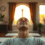 Serene meditation space with soft ambient lighting, person in deep relaxation state with peaceful facial expression, warm golden hour light through windows, minimalist therapeutic room setting, photorealistic and calming atmosphere