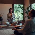 Professional therapist in calm meditation room with soft lighting, client in deep relaxation during hypnotherapy session, peaceful botanical surroundings, warm ambient lighting, no visible screens or text
