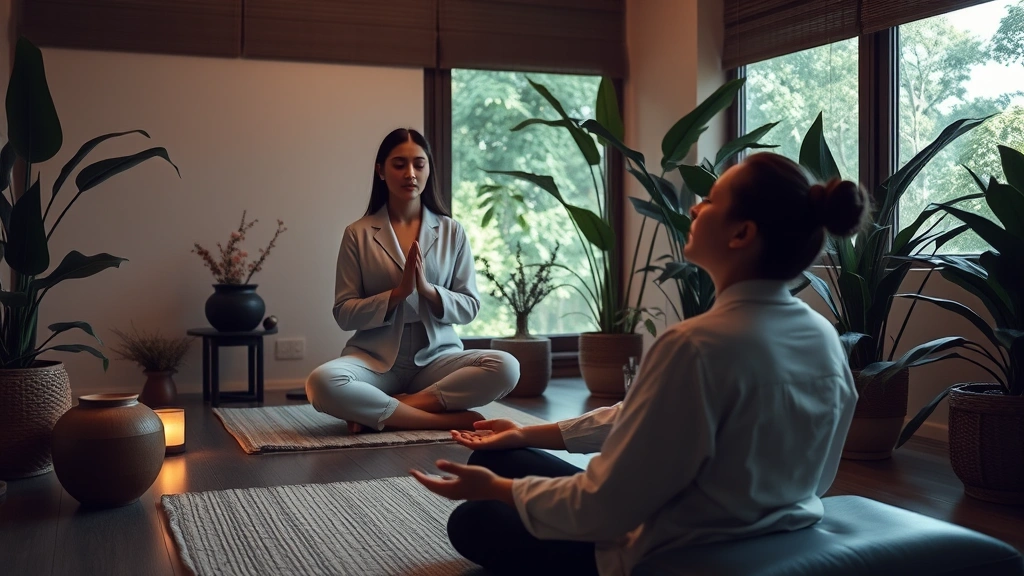 Professional therapist in calm meditation room with soft lighting, client in deep relaxation during hypnotherapy session, peaceful botanical surroundings, warm ambient lighting, no visible screens or text