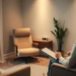A serene hypnotherapy session room with soft lighting, comfortable reclining chair, and a calm therapist with notepad, peaceful atmosphere, photorealistic, no text visible
