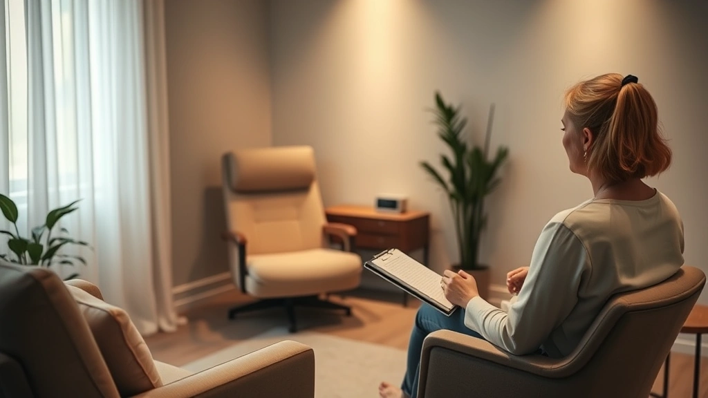 A serene hypnotherapy session room with soft lighting, comfortable reclining chair, and a calm therapist with notepad, peaceful atmosphere, photorealistic, no text visible