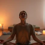 Serene meditation space with soft lighting, person in peaceful trance state, warm ambient glow, comfortable therapeutic environment, no faces visible, calming atmosphere