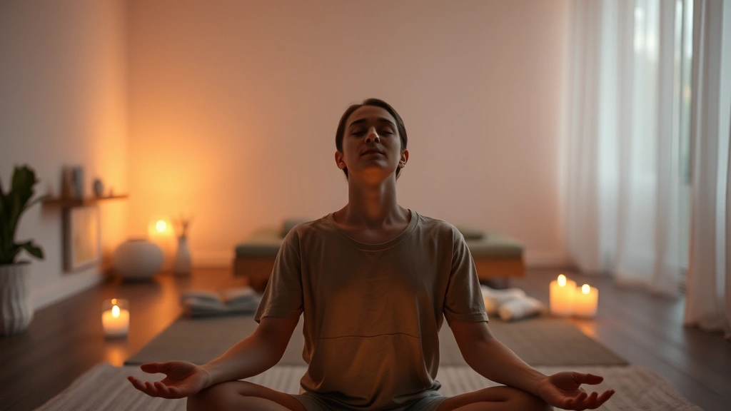 Serene meditation space with soft lighting, person in peaceful trance state, warm ambient glow, comfortable therapeutic environment, no faces visible, calming atmosphere