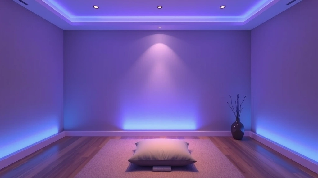 Serene meditation room with soft blue and purple lighting, comfortable cushioned chair, peaceful atmosphere for therapeutic sessions, no people visible