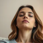 A serene woman in deep hypnotic trance state, eyes closed, peaceful expression, soft warm lighting, comfortable therapeutic setting with neutral background, photorealistic professional imagery