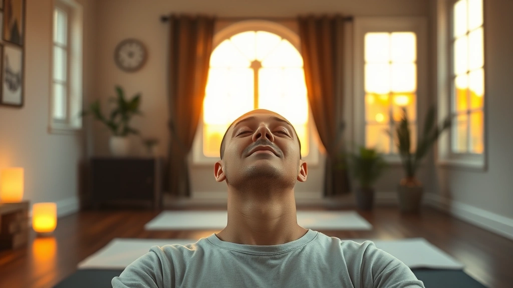 Serene meditation space with soft ambient lighting, person in deep relaxation state with peaceful facial expression, warm golden hour light through windows, minimalist therapeutic room setting, photorealistic and calming atmosphere