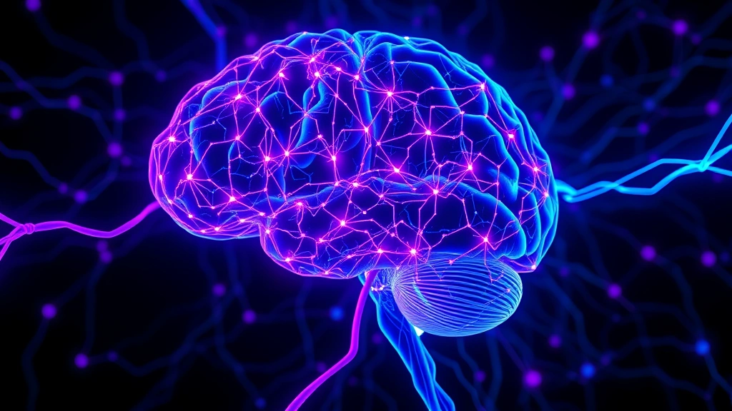 Brain neural network visualization with glowing connections, abstract memory patterns, purple and blue light pathways, representing consciousness and memory processing