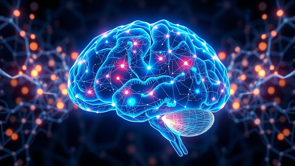 Brain neural network visualization with glowing connections and synapses, representing memory and consciousness, abstract scientific illustration