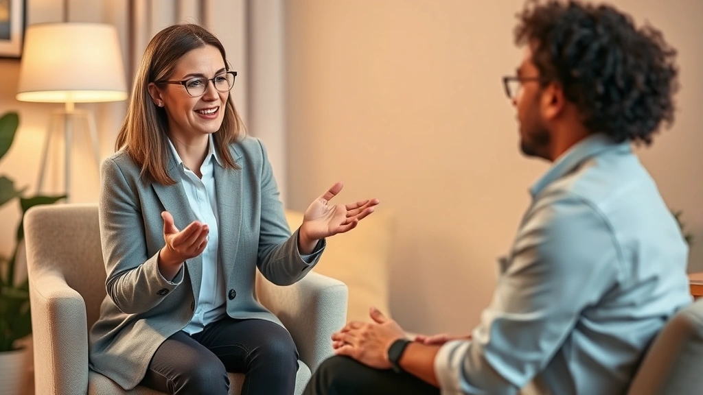 An experienced therapist gesturing calmly during a therapeutic session, client seated comfortably, warm professional environment, neutral colors, focused engagement, photorealistic clinical setting