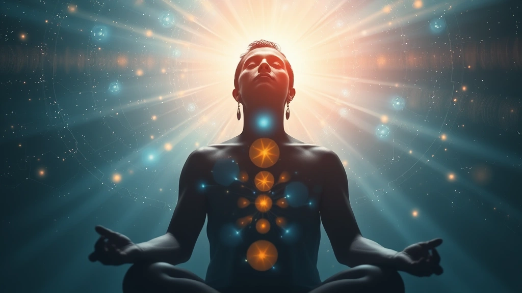 A person in deep meditation or trance state with ethereal light and consciousness visualization, peaceful expression, spiritual yet scientifically grounded imagery, photorealistic