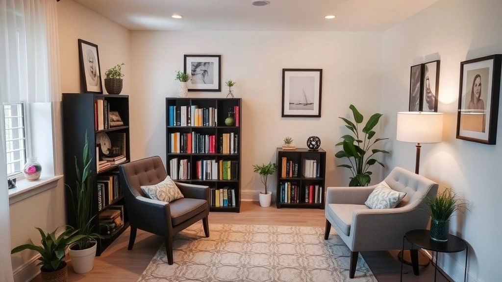 Hypnotherapist's office with calming decor, soft lighting, professional yet welcoming environment, bookshelf with psychology and wellness books visible